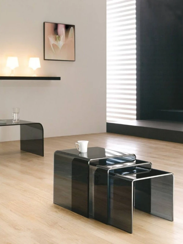 Image of Thats Furniture Milan Glass Nest of 3 Side Tables for Living Room in Black Unisex