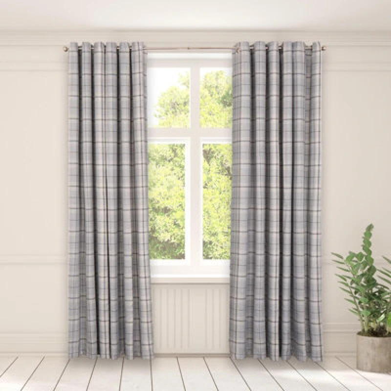 Image of OHS OHS Pair Of Woven Check Eyelet Curtains Textured in Grey Size: 168cm width x 183cm drop Grey 168cm width x 183cm drop Unisex 5027434179374