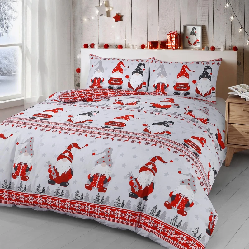 Image of Velosso Xmas Gonks Cotton Rich Printed Duvet Cover & Pillowcase Set in Red Size: King Red Unisex King