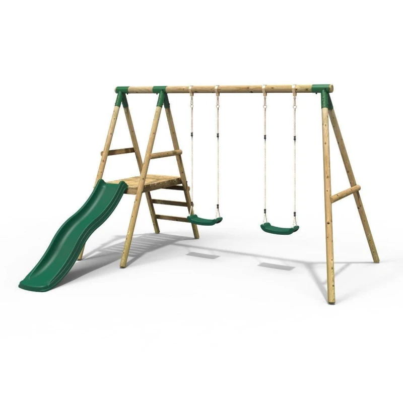 Image of Rebo Wooden Swing Set with Slide - Gemini Green