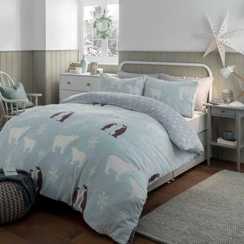 Image of Gr8 Home Penguin & Polar Bear Glow In The Dark Fleece Duvet Pillowcase Set in Grey Size: Double Grey Unisex Double
