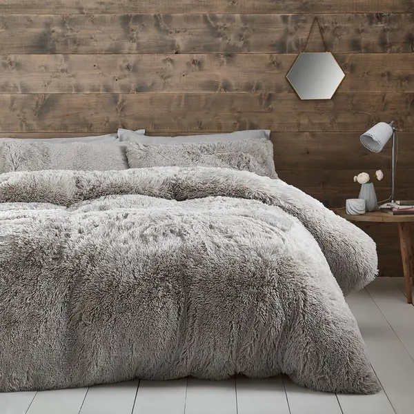 image of CATHERINE LANSFIELD Cuddly Deep Pile Shaggy Faux Fur Fleece Duvet Cover Set, Silver, Super King - Catherine Lansfield BD/32263/W/SKQS/SI