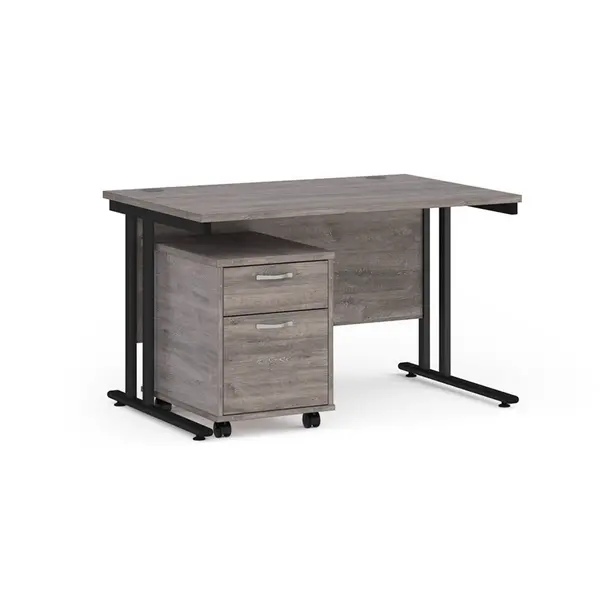 image of Maestro 25 Straight Desk with Black Cantilever Frame and 2 Drawer Pedestal - Grey Oak - 1200mm x 800mm