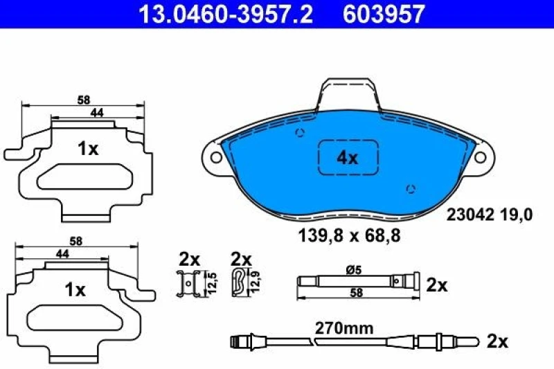 Image of ATE 13.0460-3957.2 Brake pad set incl. wear warning contact, with accessories Brake Pad Set,disc brake (402)