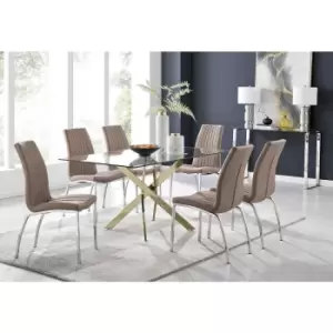 Image of Furniturebox Leonardo 150cm Modern Glass And Gold Metal Dining Leg Table And 6 Cappuccino Beige Isco Faux Leather Silver Chrome Leg Dining Chairs