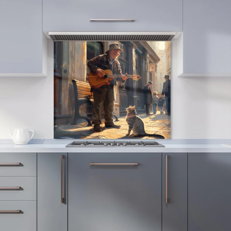 Image of Warren Reed - Designer Busker's Melody & the Cat Kitchen Splashback Size: 600mm x 750mm Multicolor Unisex 600mm x 750mm