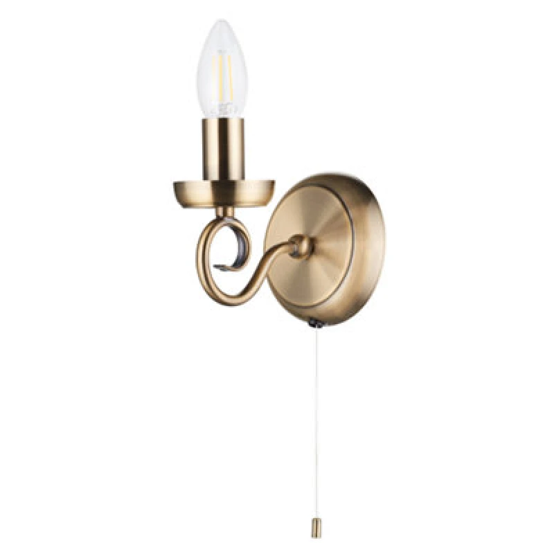 Image of Happy Homewares Traditional Antique Brass Wall Light Fitting With Scroll Arm And Pull Switch