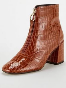 image of OFFICE Abir Front Zip Square Toe 60's Ankle Boots - Tan, Chocolate Croc Patent, Size 7, Women