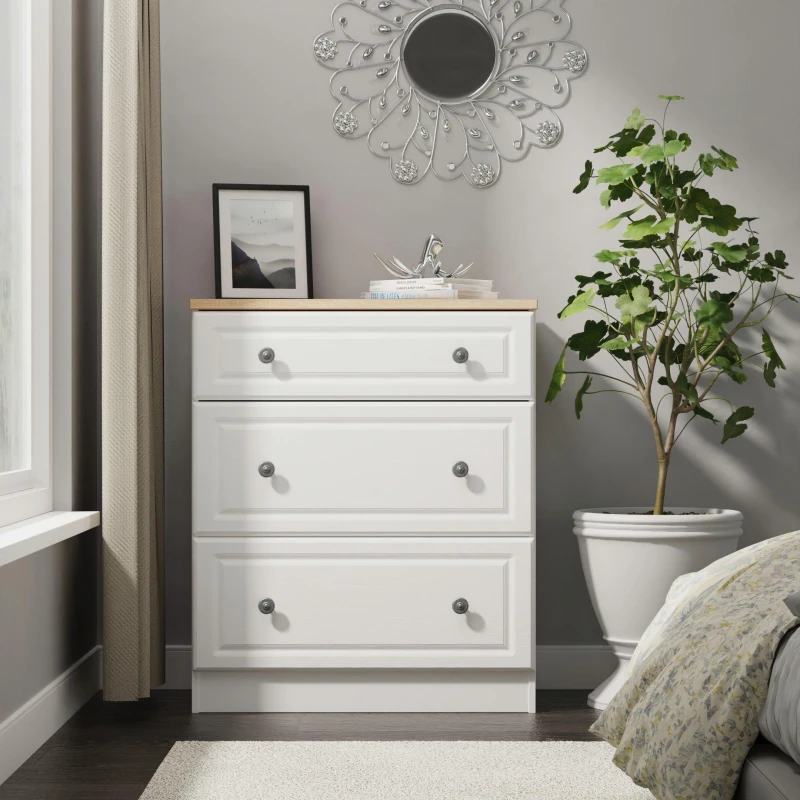 Image of Welcome Furniture Ready Assembled Norfolk 3 Drawer Deep Chest In White Ash & Bardolino Oak, White NOR049WABO