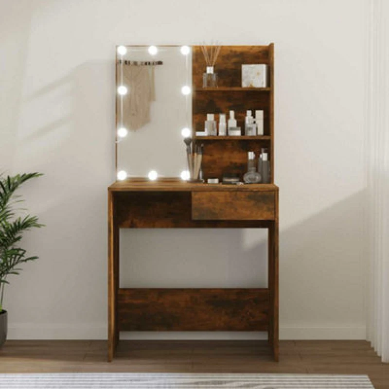 Image of vidaXL Dressing Table with LED Brown Oak 74.5x40x141 cm, Brown 820483