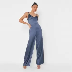 Image of Missguided Strap Wide Leg Jumpsuit Satin - Blue