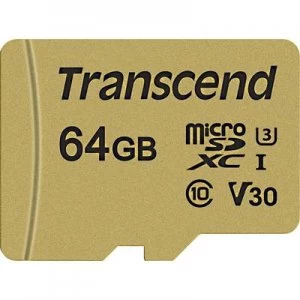 Image of Transcend Premium 500S microSDXC card 64GB Class 10, UHS-I, UHS-Class 3, v30 Video Speed Class incl. SD adapter