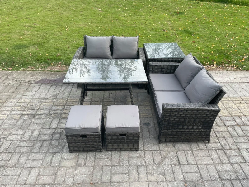 Image of Fimous Garden Furniture Sets 6 Pieces Wicker Rattan Furniture Manual Wicker Patio Sofa Patio Conversation Set with Side Table 2 Small Footstools Dark