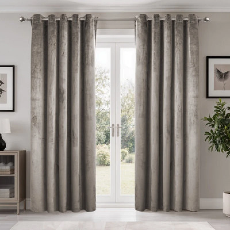 Image of Emma Barclay Dusk Blackout Velvet Eyelet Curtains, Stone - 46 X 54" Pair