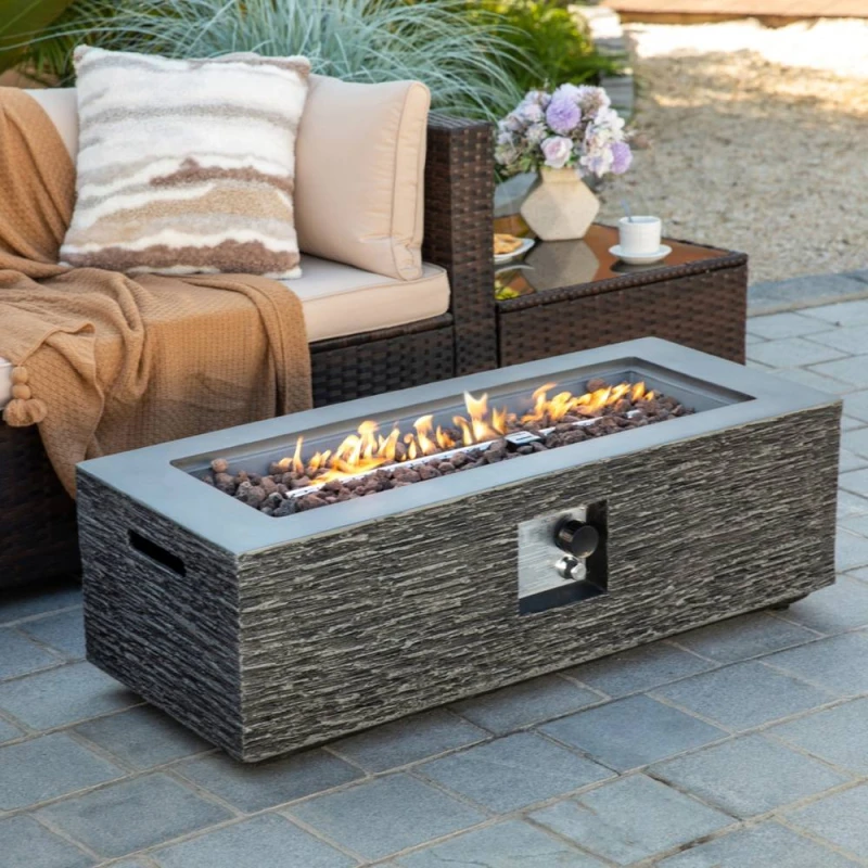 Image of Teamson Home Rectangular 42" Gas Fire Pit Table, Grey Faux Stone Finish Grey Unisex