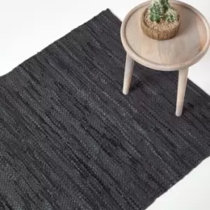 Image of Denver Leather Woven Rug Black, 120 x 180cm - Black - Homescapes
