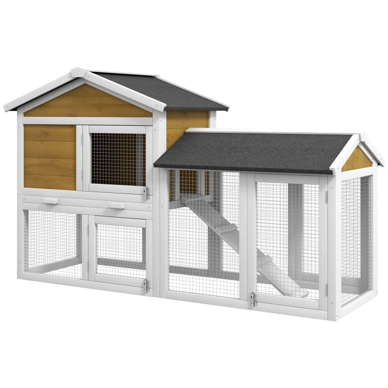 Image of Pawhut 2-Tier Wooden Rabbit Bunny Guinea Pig Hutch Small Pet House Ramp, Yellow D51-101V00YL