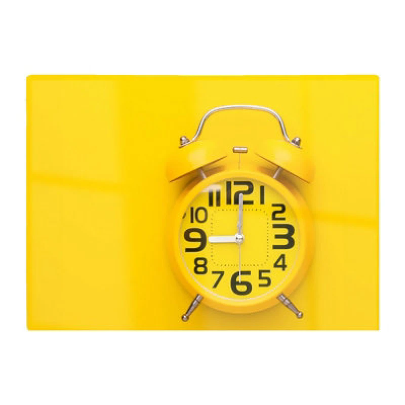 Image of Warren Reed Designer Yellow Alarm Clock Glass Chopping Board