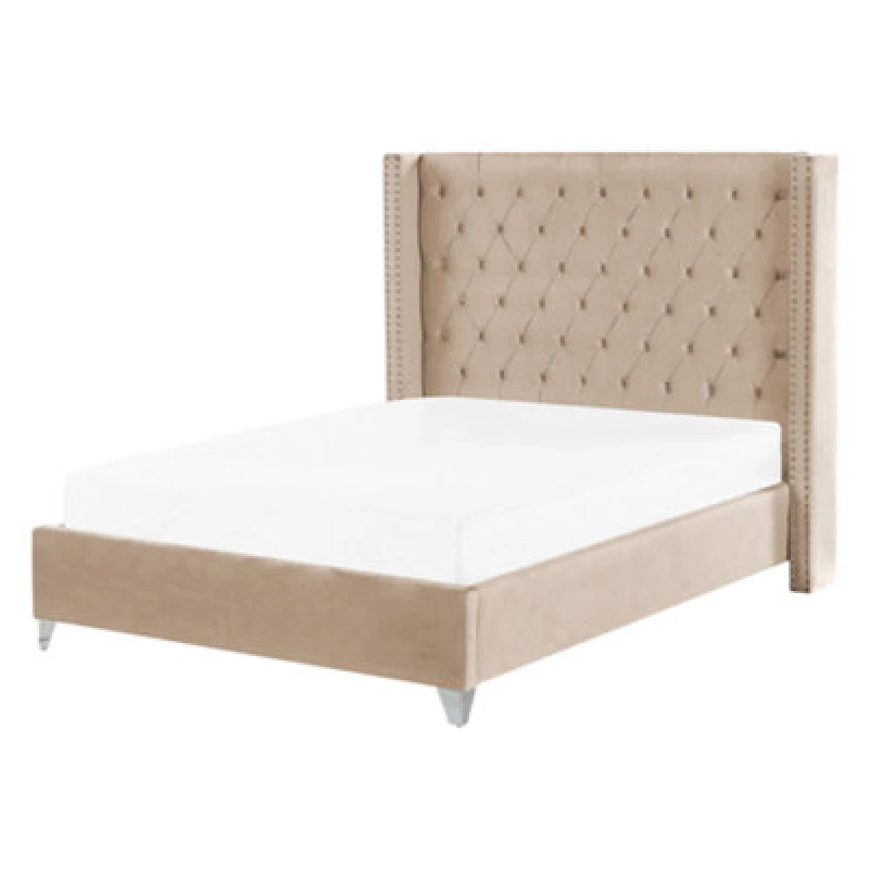 Image of Beliani Bed Velvet Lubbon 140 X 200 Cm (Eu Double) Beige