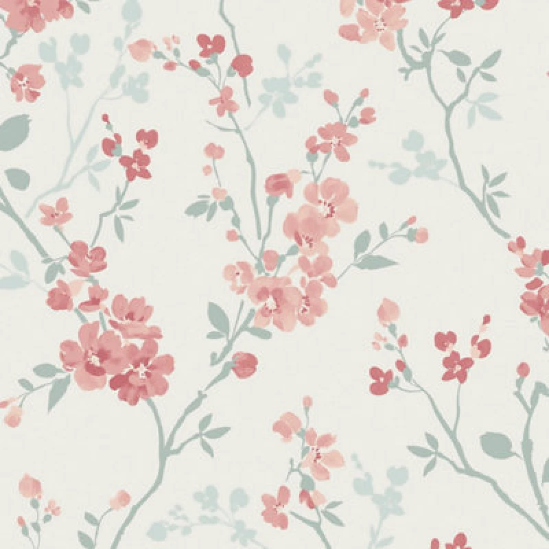 Image of Grandeco Jasmin Floral Cherry Blossom Trail Blown Vinyl Wallpaper, White Pink