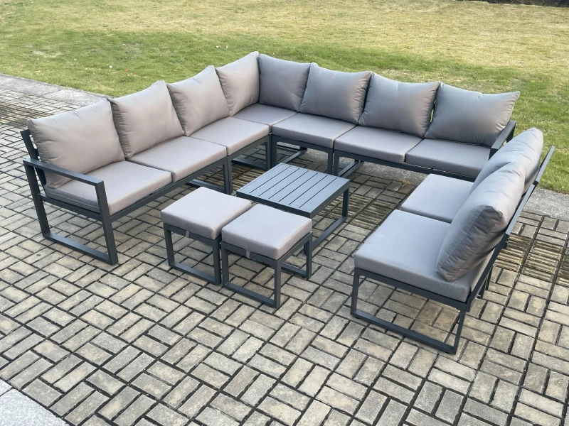 Image of Fimous 11 Seater Patio Outdoor Garden Furniture Aluminium Lounge Corner Sofa Set with Square Coffee Table with 2 Small Footstools Dark Grey Dark Grey