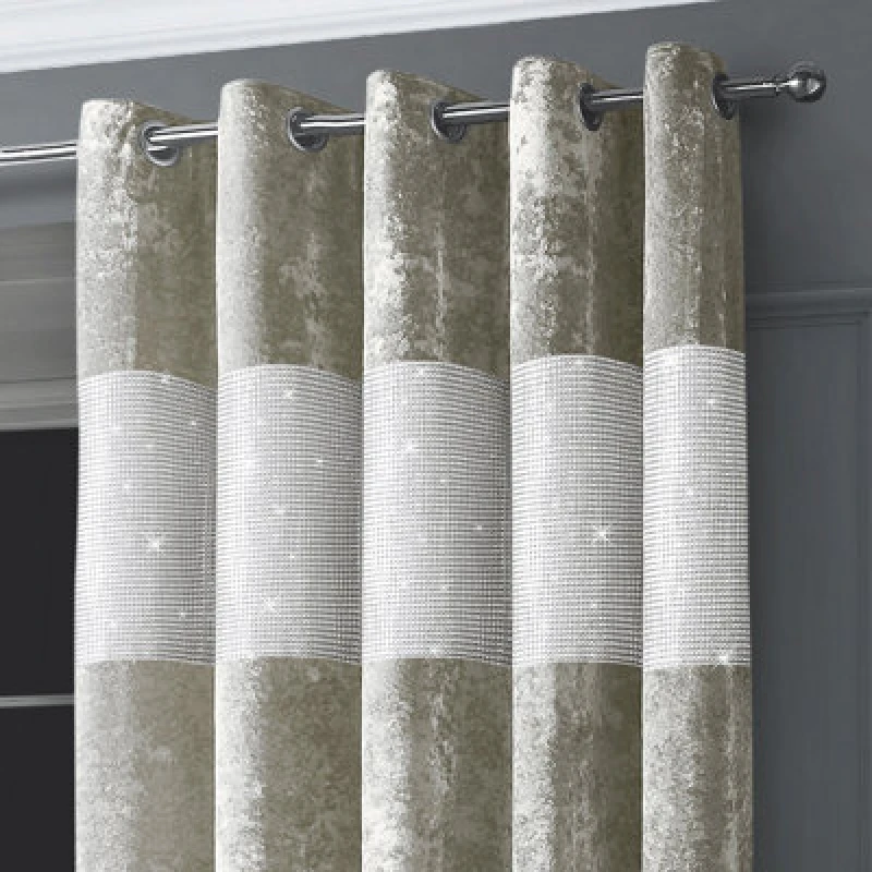 Image of Intimates Diamante Velvet Fully Lined Curtains - Luxury Ring Top Window Drapes - Natural