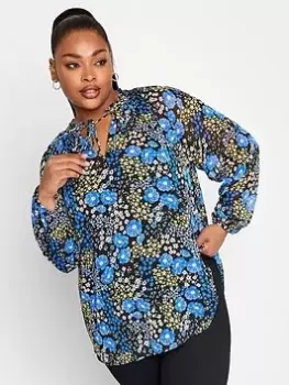 Image of Yours Tie Neck Chiffon Top Pretty Floral, Black, Size 16, Women