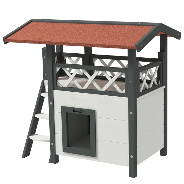 Image of PawHut Cat House Outdoor w/ Balcony Stairs Roof, 77 x 50 x 73 cm, White