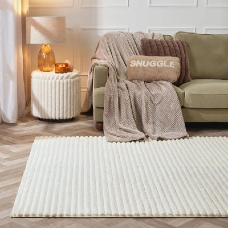 Image of OHS OHS Faux Fur Rug Ribbed Mat Luxury Carpet Anti Slip Runner in Cream Size: 120cm x 170cm Cream 120cm x 170cm Unisex 5027434231638