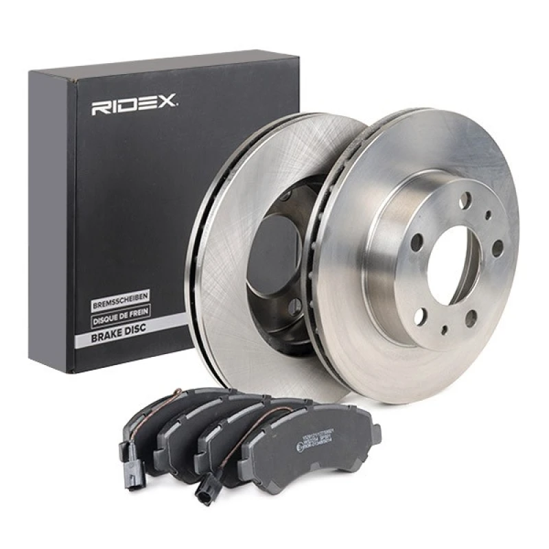 Image of RIDEX 3405B0413 Brake disc and pads set Front Axle, Brake Disc Type: Vented, incl. wear warning contact Brake Set,disc brakes (3405)