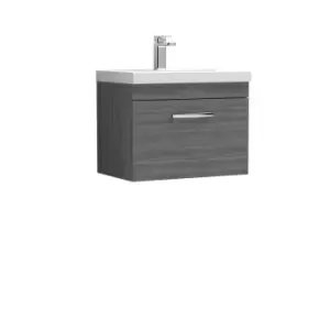 image of Nuie Athena 600 Wall Hung Single Drawer Vanity & Thin-edge Basin - Grey Woodgrain