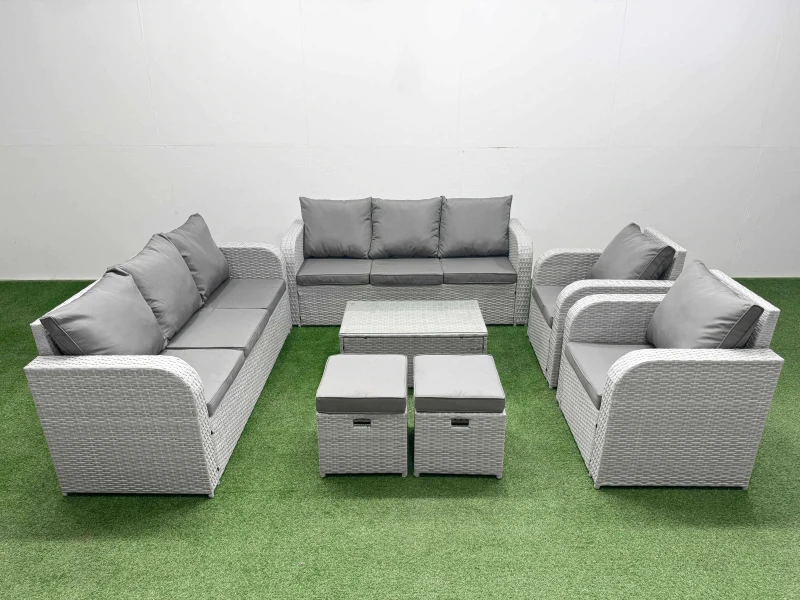 Image of Fimous PE Rattan High Back Lounge Sofa Set Patio Coffee Table & Chairs Set with 3 Seater Sofa Reclining Chair Stools Light Grey Light Grey