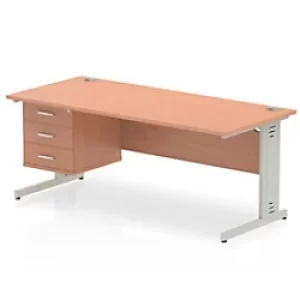 Image of Dynamic Rectangular Office Desk Beech MFC Cable Managed Cantilever Leg Silver Frame Impulse 1 x 3 Drawer Fixed Ped 1800 x 800 x 730mm