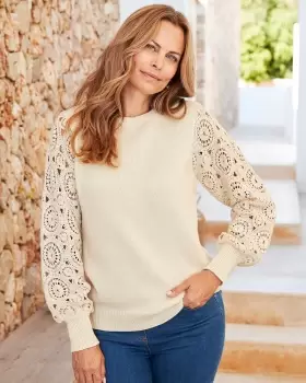 image of Cotton Traders Womens Callie Crochet Sleeve Jumper in Cream