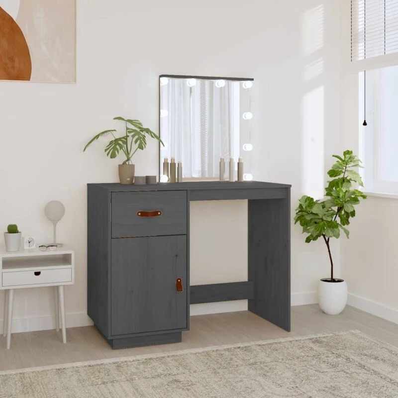Image of vidaXL Dressing Table with LED Grey 95x50x133.5cm Solid Wood Pine, Grey 820094