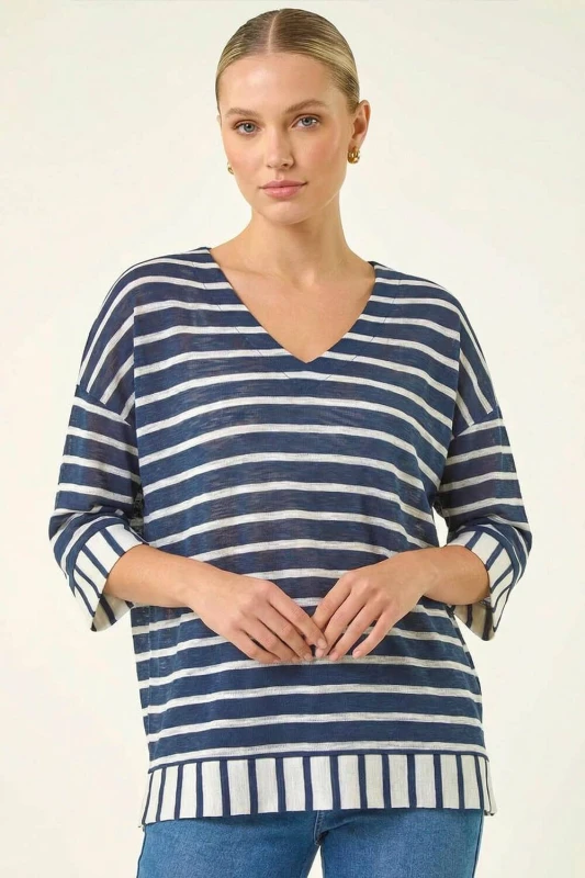 Image of Roman Womens Stripe Print V-Neck Tunic Top in Navy Size: 20 Navy Female 20