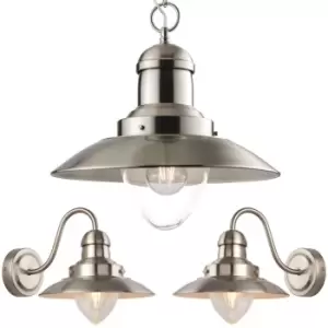 image of Hanging Ceiling Pendant Lamp & 2x Matching Wall Light Industrial Satin Nickel