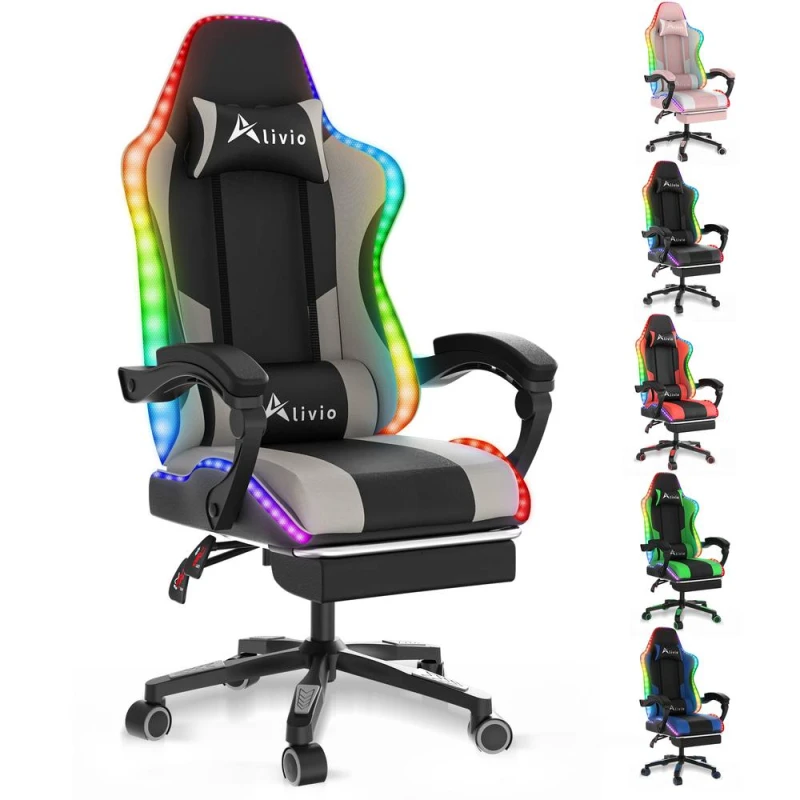 Image of Alivio Wireless App Control LED Gaming Chair with Massage Lumbar Cushion in Grey Grey Unisex