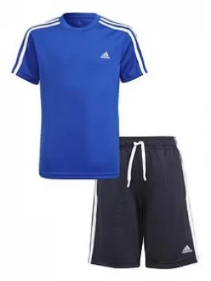 image of adidas Junior Boys 3s Tshirt Set, Blue/White, Size 3-4 Years