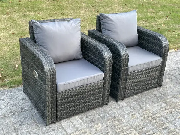 image of Fimous 2 PC Outdoor Dark Grey Rattan Curved Adjustable Reclining Arm Chair Set with Seat and Back Cushion