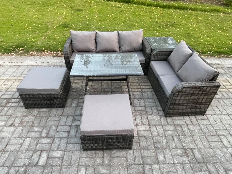 Image of Fimous Rattan Garden Furniture Dining Set 7 seater Patio Rectangular Table 2 Big Footstool Love Sofa Side Table Dark Grey Mixed Dark Grey