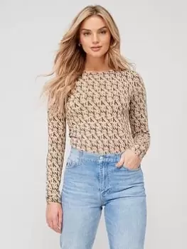 Image of Calvin Klein Jeans Ck Monogram Logo Long Sleeve Top - Brown, Print Size M Women