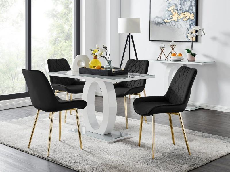 Image of FurnitureboxUK FurnitureboxUK Giovani 4 Grey Dining Table & 4 Pesaro Gold Leg Chairs in Black One Size Unisex 5056542664755