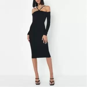 Image of Missguided Rib Halterneck Bardot Knit Midi Dress - Black