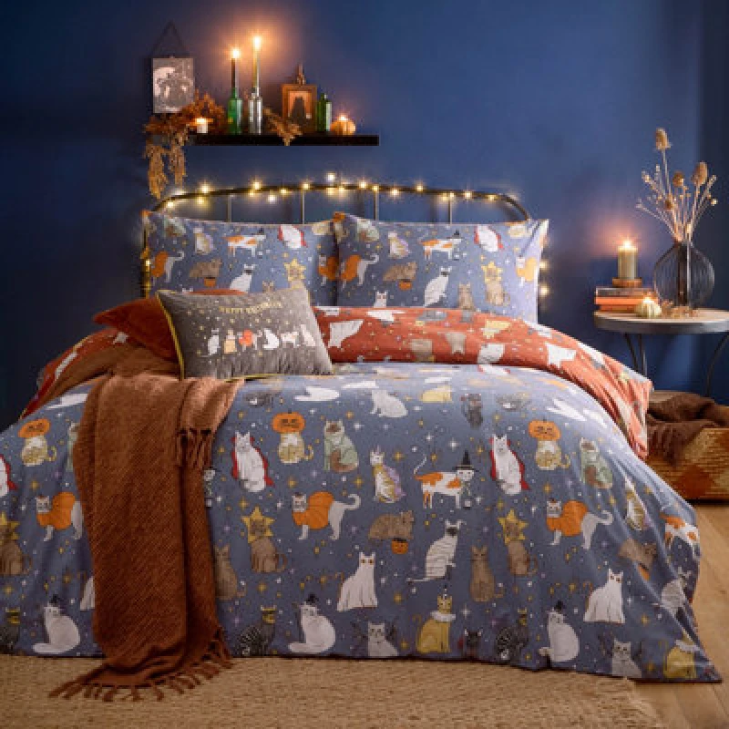 Image of Furn. Halloween Pawty Printed Reversible Duvet Cover Set, Super King, Multicolour