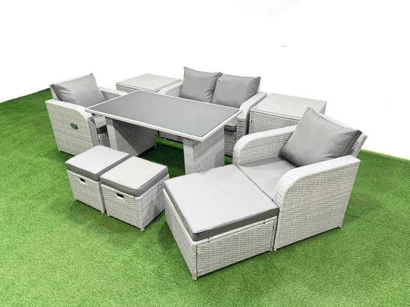 Image of Fimous Outdoor Rattan Garden Furniture Dining Set 7-seater with 2 Side Tables in Light Grey Light Grey Unisex