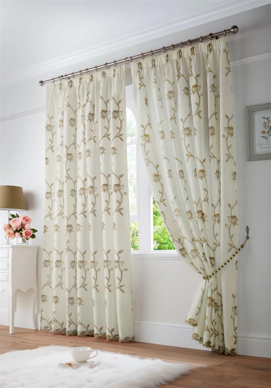 Image of Luxury Living Exe Embroidery Voile Curtains in Beige Size: 229cm width x 229cm drop Beige Unisex 229cm width x 229cm drop