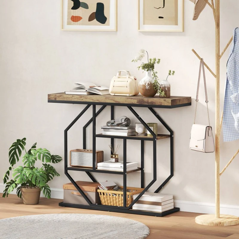 Image of HOMCOM Industrial Console Table, Hallway Table with 4-Tier Shelves in Brown Brown Unisex