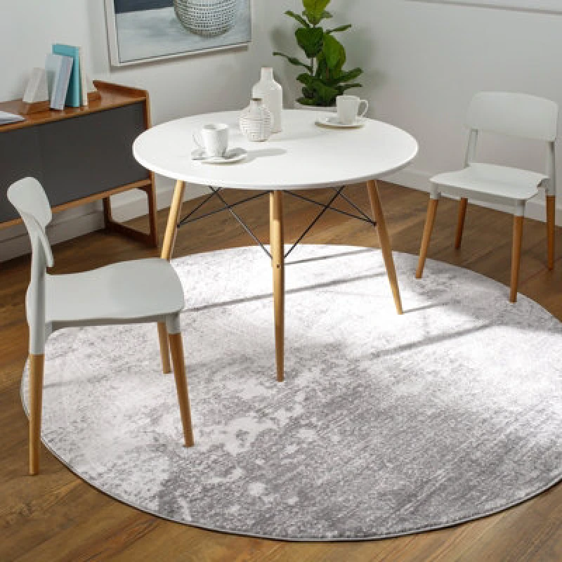 Image of Livabliss Round Abstract Modern Marble Silver Grey Fiona Area Rug 160 X 160 Cm - Easy Care, Non Shedding, Ideal For Living Room & Bedroom