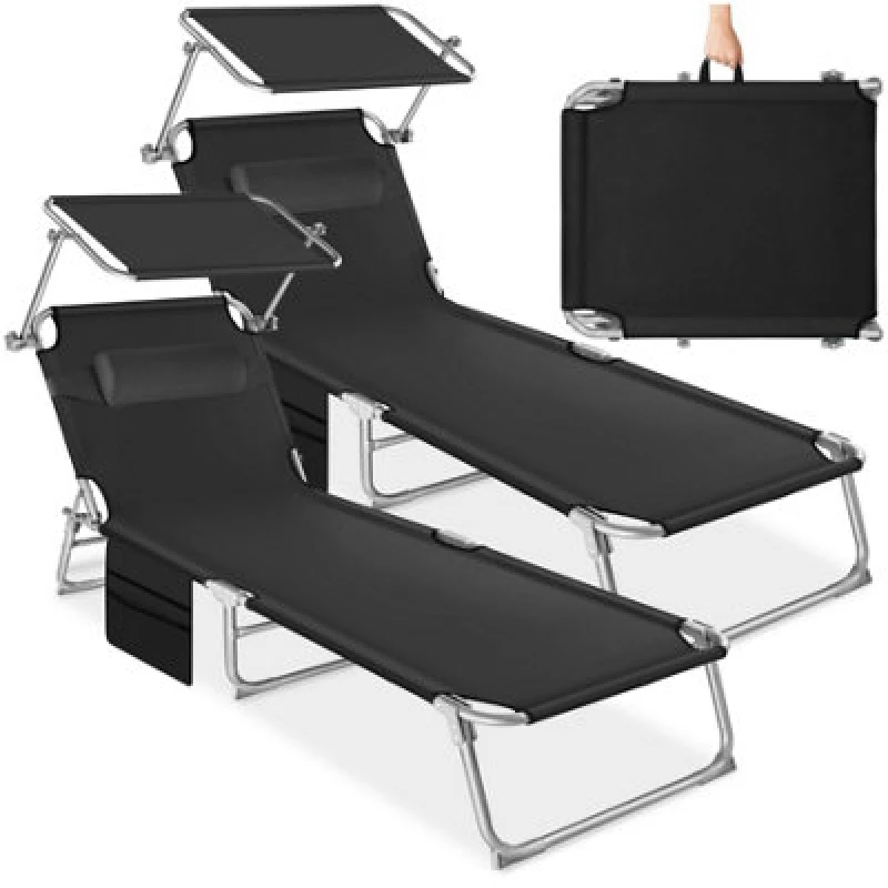 Image of Tectake 1 Set Of 2 Sun Loungers - Foldable, Adjustable Sun Canopy - Black
